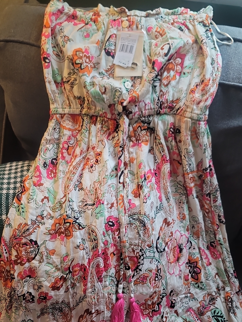 Elan Multicolor Paisley/floral Dress with Tassel Drawstring